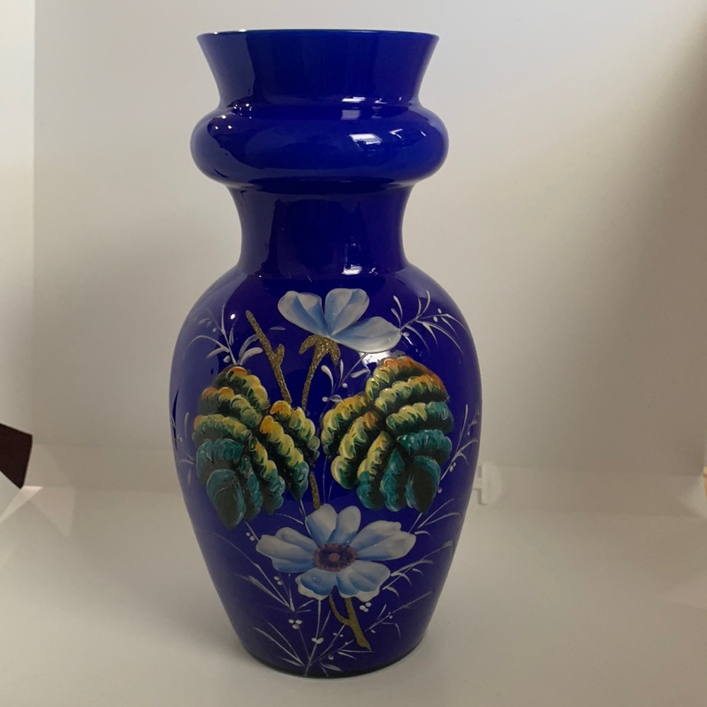 Vintage Bohemian hand blown glass and hand painted vase 10” cobalt blue.